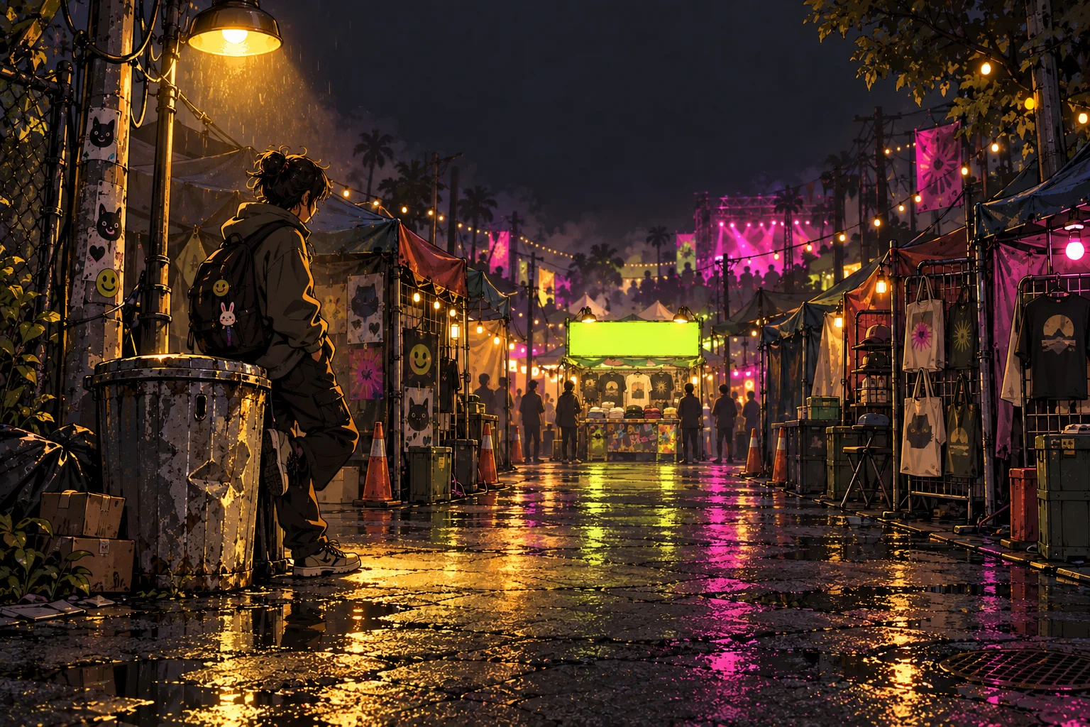 雨夜的音樂祭夜市，遠方有一個發著光的攤子